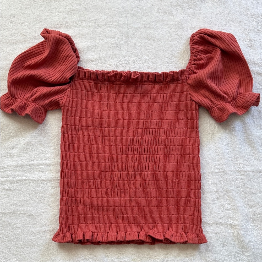 Astr Ruffled Puff Sleeve Top in Deep Rust